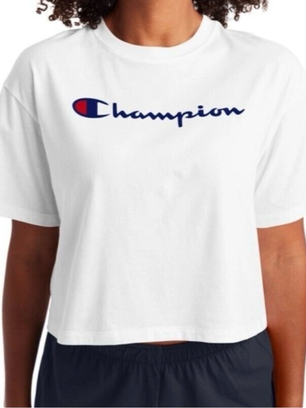Champion White Short Sleeve Logo Tee with Navy & Red Accent